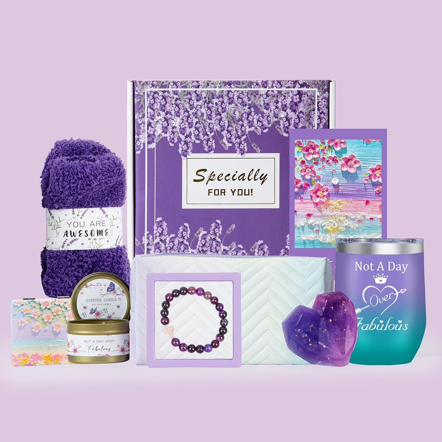 Birthday Gifts for Women,Unique Birthday Presents Friendship Gift Purple Relaxing Self Care Set Ideas Care Package Gifts Basket for Women Mom Sister Best Female Friend Gifts Box