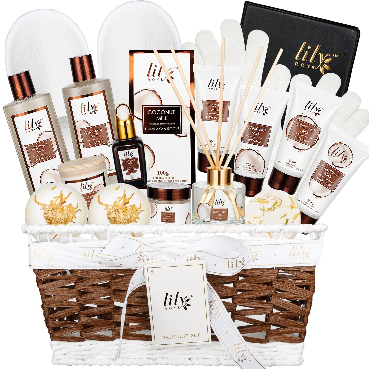 18Pcs Bath and Body Gift Basket Set for Women Mom - Coconut Vanilla Spa Gift Basket Luxury Bath & Body Set | Relaxing Self Care Pampering Gifts for Her, Birthday, Christmas, Mothers Day Gift Baskets