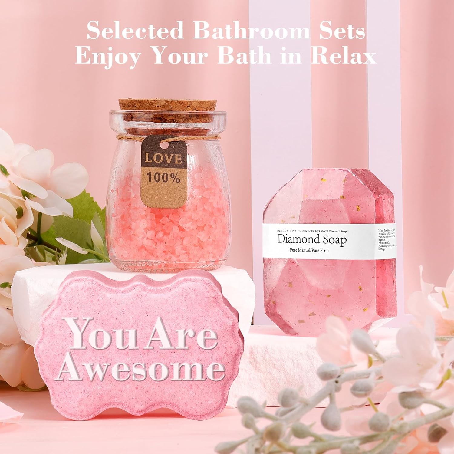 Birthday Gifts - Relaxing Spa Gifts Basket for Women; Her Mom, Grandma, Daughter, Sister, Wife, Girlfriend, Friends - Unique Bath Set Gifts (Pink)