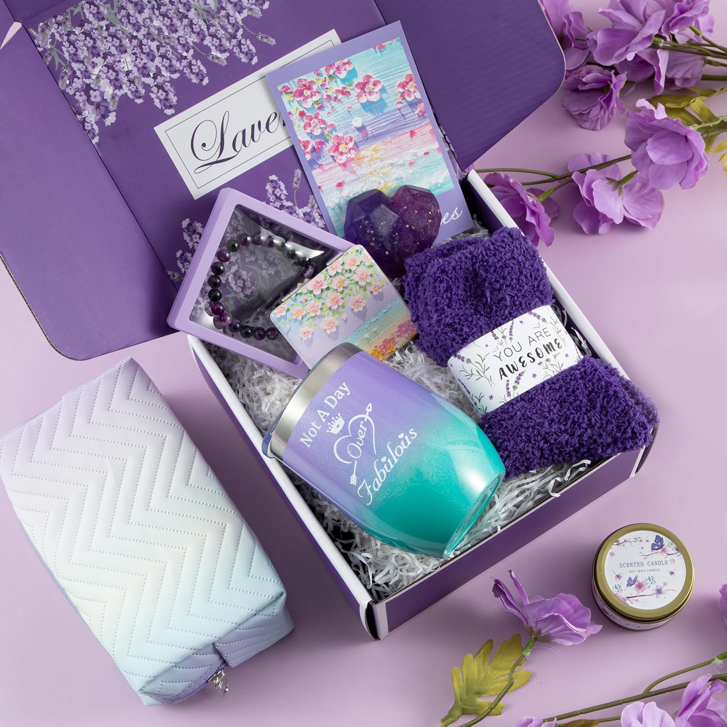 Birthday Gifts for Women,Unique Birthday Presents Friendship Gift Purple Relaxing Self Care Set Ideas Care Package Gifts Basket for Women Mom Sister Best Female Friend Gifts Box