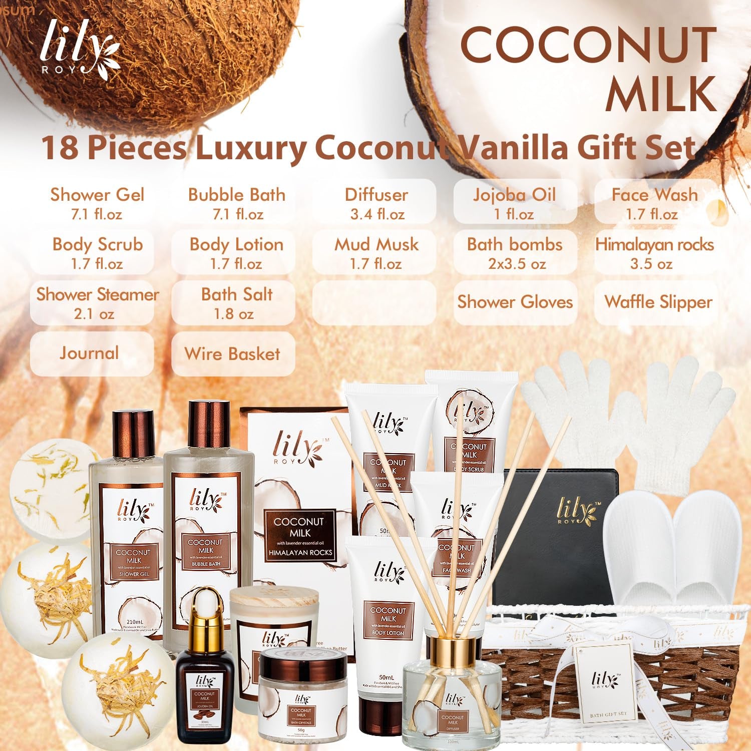 18Pcs Bath and Body Gift Basket Set for Women Mom - Coconut Vanilla Spa Gift Basket Luxury Bath & Body Set | Relaxing Self Care Pampering Gifts for Her, Birthday, Christmas, Mothers Day Gift Baskets
