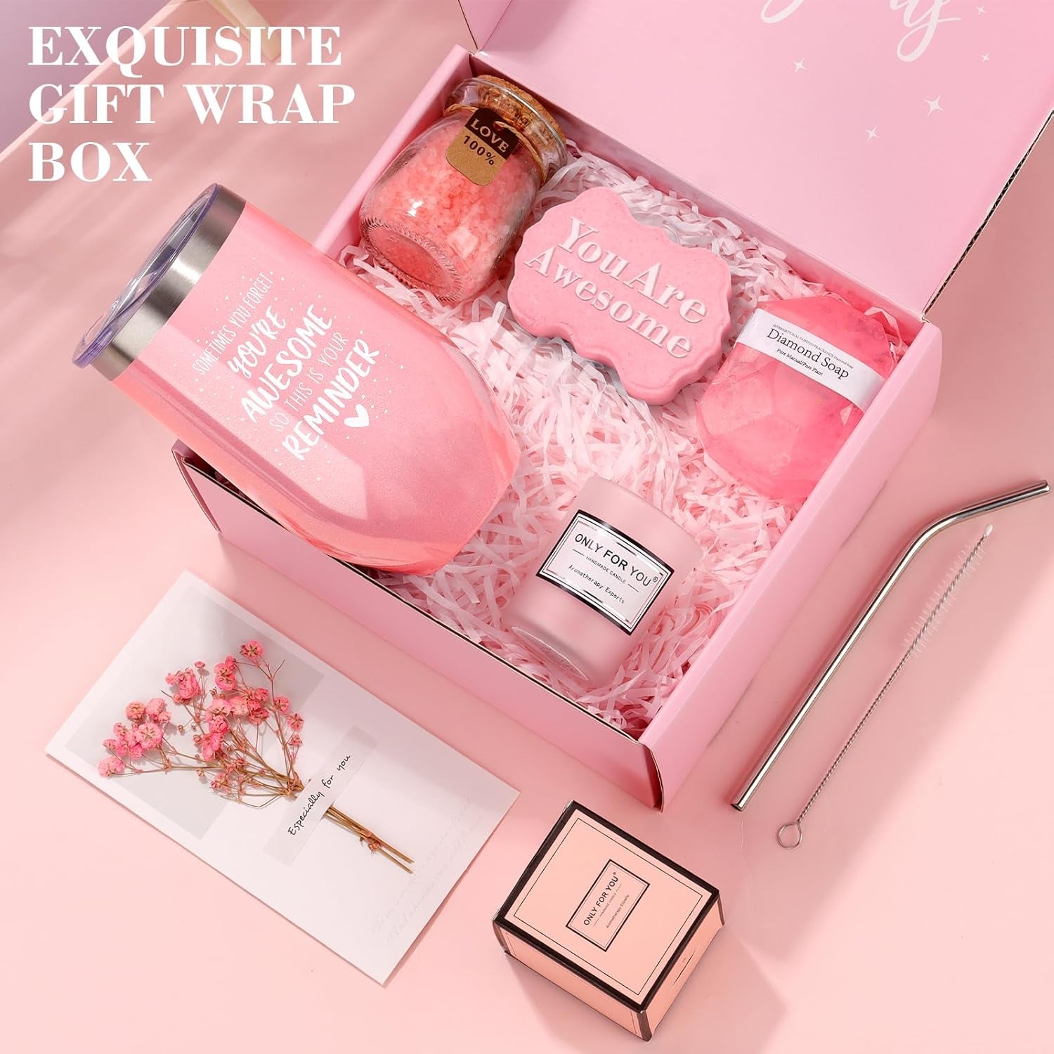 Birthday Gifts - Relaxing Spa Gifts Basket for Women; Her Mom, Grandma, Daughter, Sister, Wife, Girlfriend, Friends - Unique Bath Set Gifts (Pink)