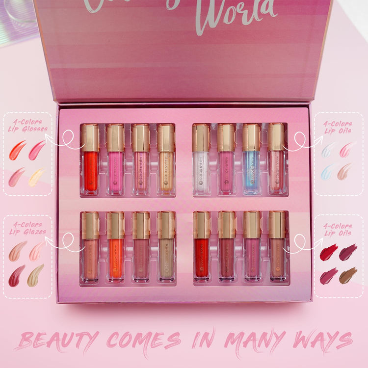 16 PCS Lip Glosses Collection, Shimmery Lip Glosses for Women and Girls, Long Lasting Color Lip Gloss Set with Rich Varied Colors (Iridescent Pink)