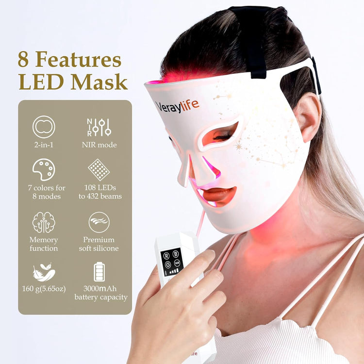 Red Light Therapy for Face, LED Face Mask Light Therapy, Portable Home Device with 7 Colors & 8 Modes, 850Nm near Infrared & Localized Blue Light Reduce Acne, 432 Beads Pro Leds