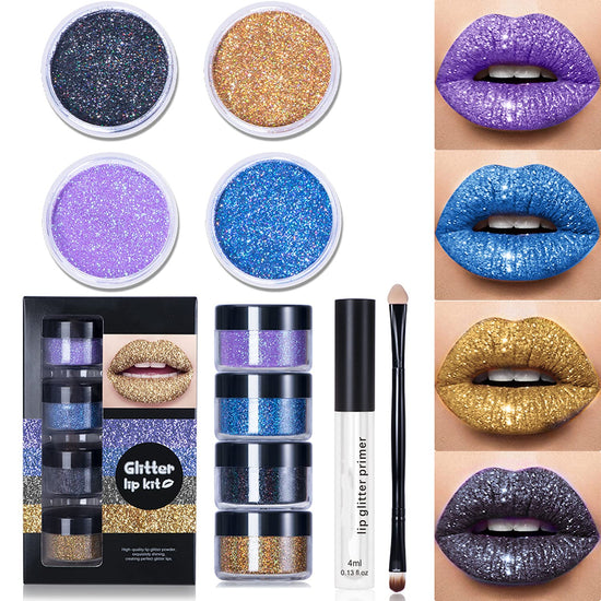 Glitter Lip Kit 4 Colors Diamond Metallic Shimmer Lip Powder with Primer and Brush - Nails Art (Blue Gold)