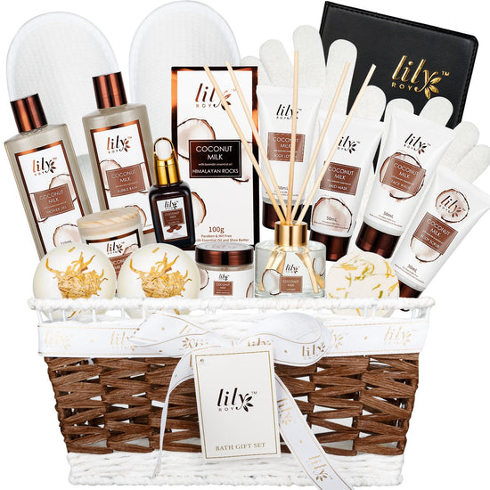 18Pcs Bath and Body Gift Basket Set for Women Mom - Coconut Vanilla Spa Gift Basket Luxury Bath & Body Set | Relaxing Self Care Pampering Gifts for Her, Birthday, Christmas, Mothers Day Gift Baskets