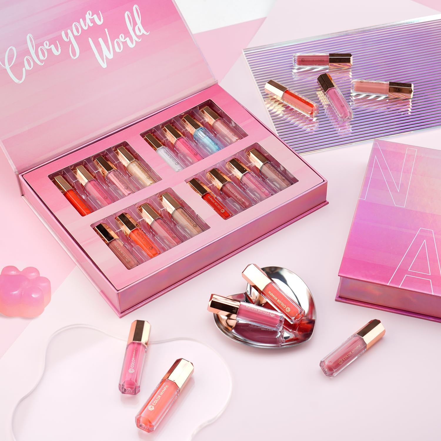 16 PCS Lip Glosses Collection, Shimmery Lip Glosses for Women and Girls, Long Lasting Color Lip Gloss Set with Rich Varied Colors (Iridescent Pink)