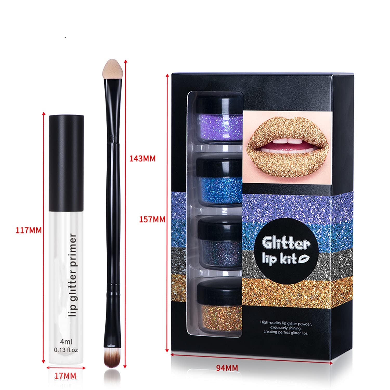 Glitter Lip Kit 4 Colors Diamond Metallic Shimmer Lip Powder with Primer and Brush - Nails Art (Blue Gold)