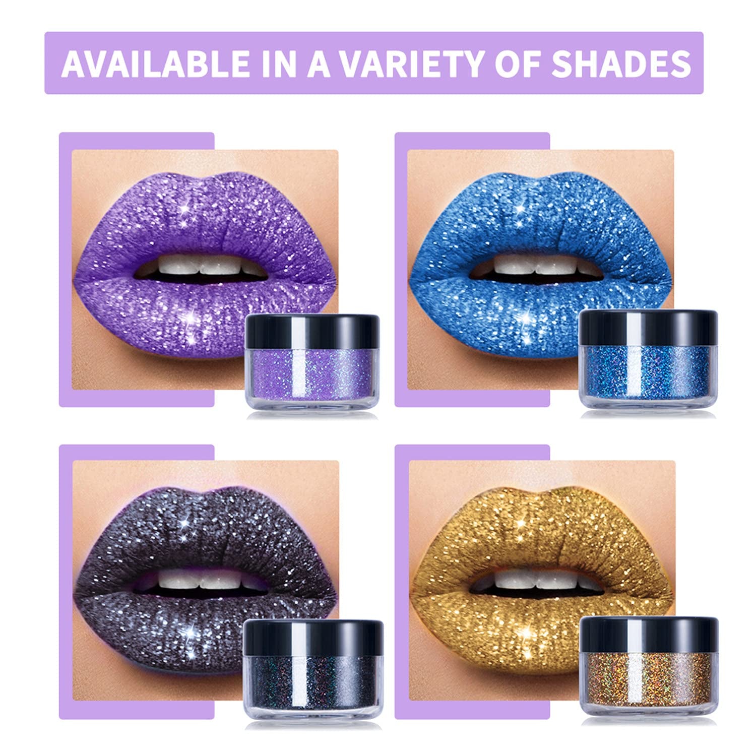 Glitter Lip Kit 4 Colors Diamond Metallic Shimmer Lip Powder with Primer and Brush - Nails Art (Blue Gold)