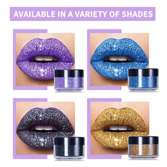 Glitter Lip Kit 4 Colors Diamond Metallic Shimmer Lip Powder with Primer and Brush - Nails Art (Blue Gold)