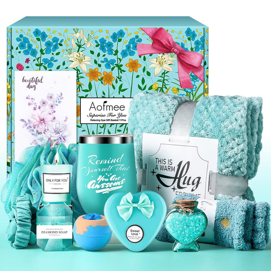 Birthday Gifts for Women, Thinking of You Gift Care Package with Luxury Flannel Blanket for Women Mom Her Wife Friends Sister, Blue Self Care Spa Relaxing Baskets for Christmas Valentines Mothers Day