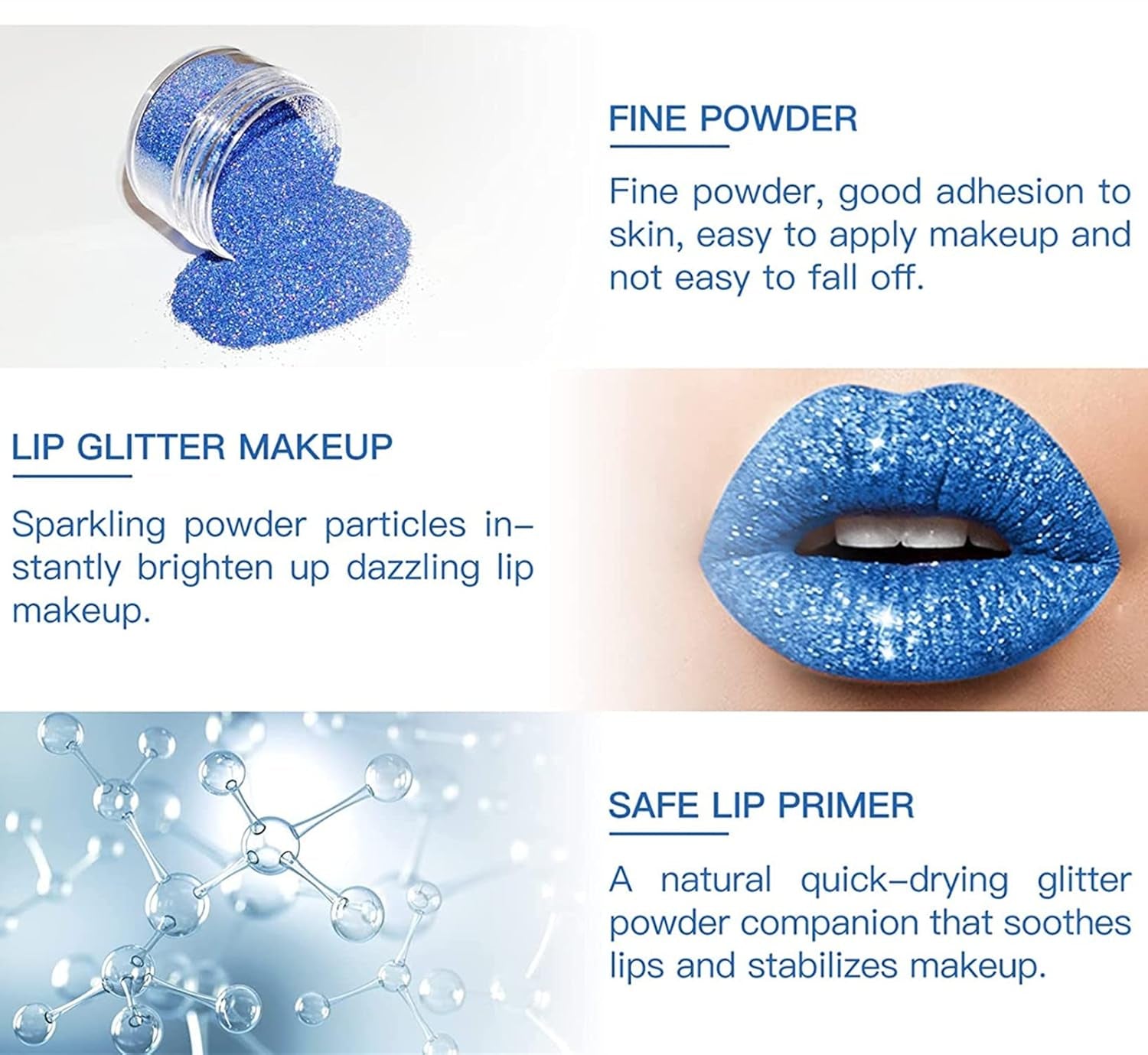 Glitter Lip Kit 4 Colors Diamond Metallic Shimmer Lip Powder with Primer and Brush - Nails Art (Blue Gold)