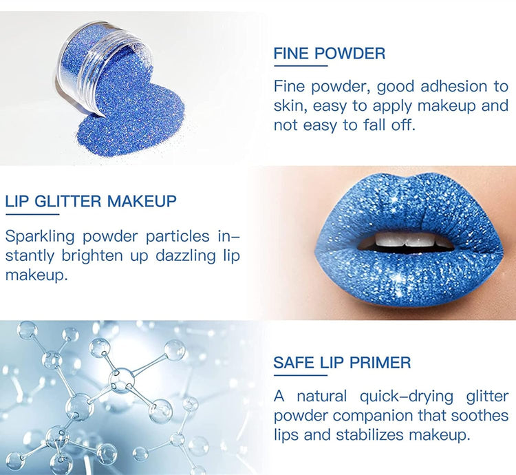 Glitter Lip Kit 4 Colors Diamond Metallic Shimmer Lip Powder with Primer and Brush - Nails Art (Blue Gold)