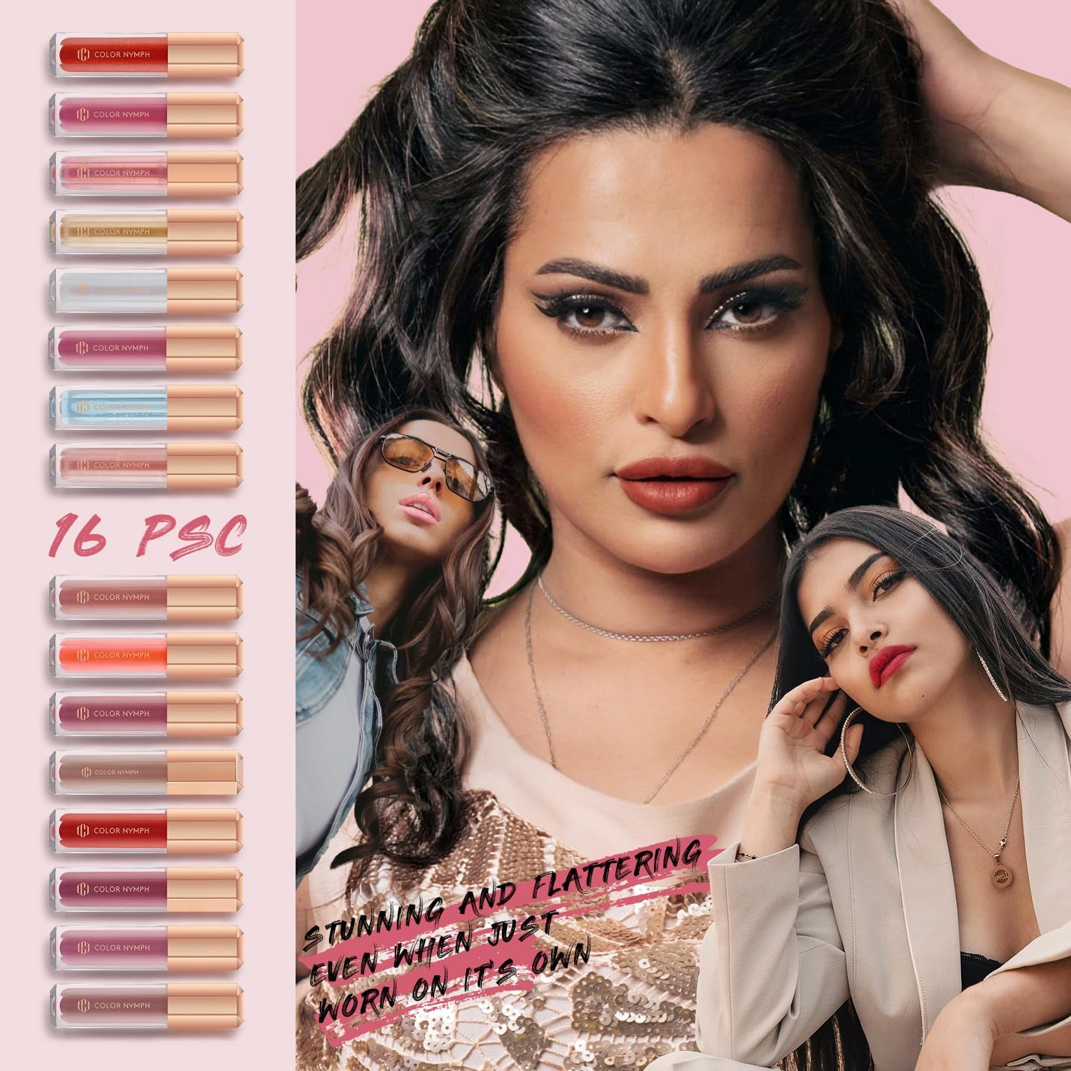 16 PCS Lip Glosses Collection, Shimmery Lip Glosses for Women and Girls, Long Lasting Color Lip Gloss Set with Rich Varied Colors (Iridescent Pink)